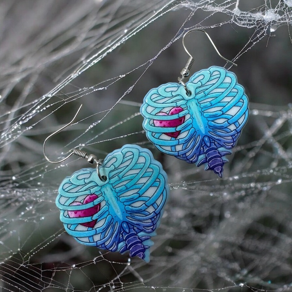 Pair Blue Acrylic Ribcage Heart Dangle Earrings NWT Goth, Punk, Morbid